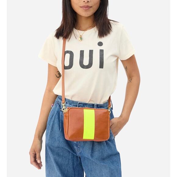 Clare V Handbags - CLARE V Midi Sac Tan Nappetto Stripe Leather Crossbody Bag Women Neon Yellow NEW